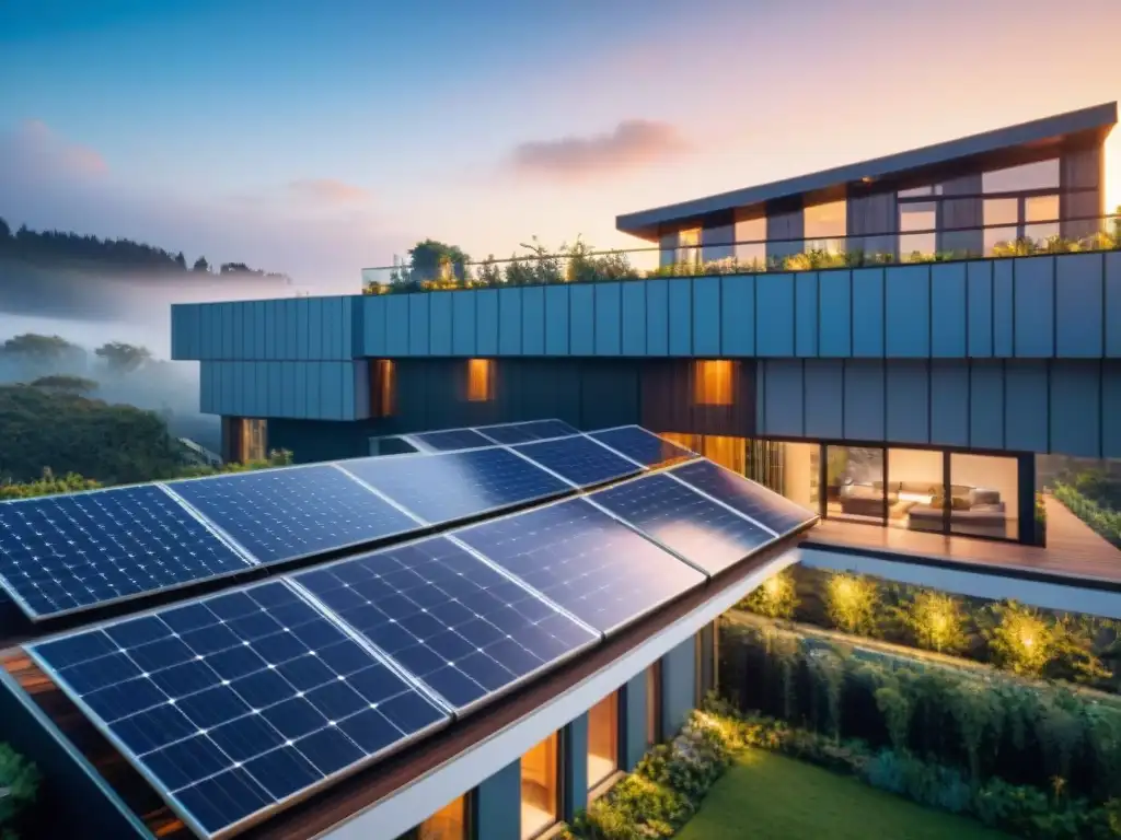 Edificio certificado LEED en construcción verde, con paneles solares en el techo, vegetación y cielo azul al atardecer