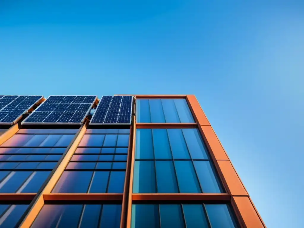 Un edificio certificado LEED destaca con paneles solares y techos verdes bajo un cielo azul