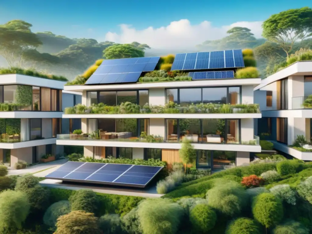 Un edificio ecoamigable con certificaciones ecológicas en inmobiliario rodeado de naturaleza exuberante