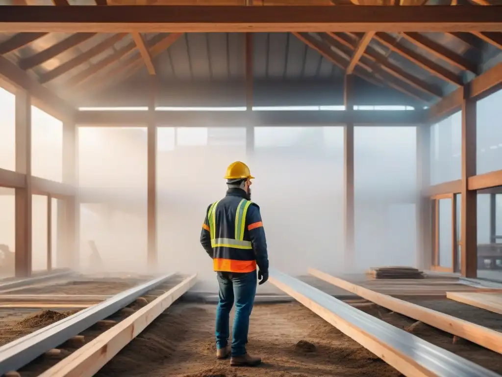 Edificio ecoamigable en construcción con materiales reciclados, reduciendo la huella ecológica