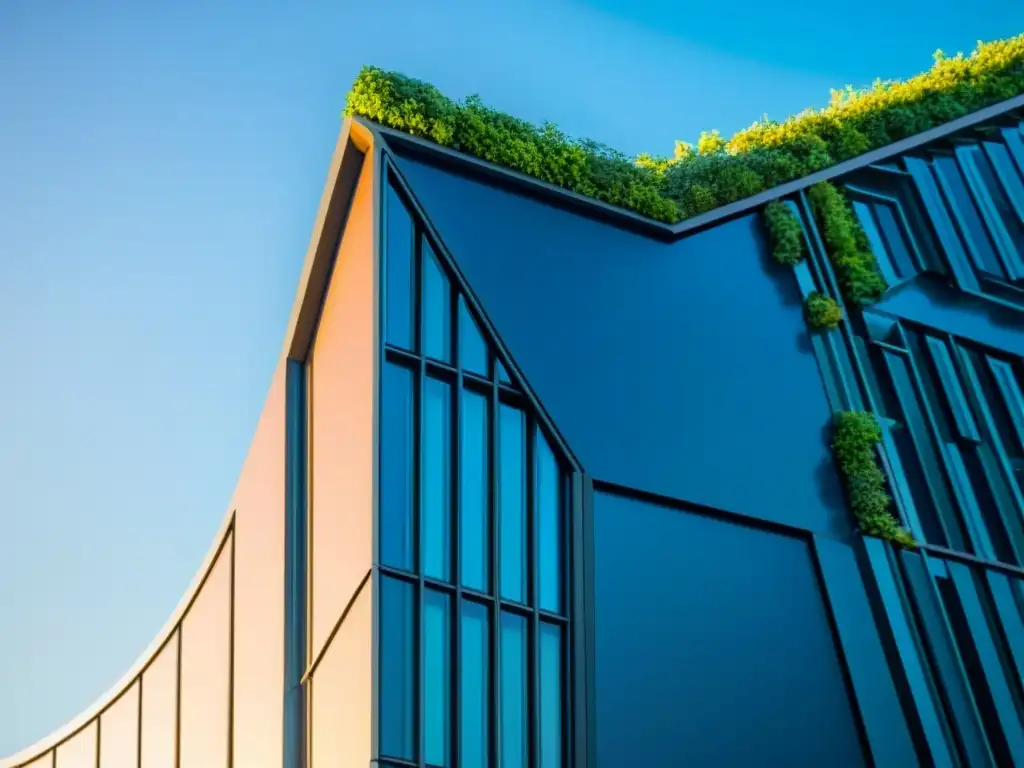 Un edificio ecoamigable con diseño sostenible propiedades económicamente viable, destacando paneles solares y muros verdes