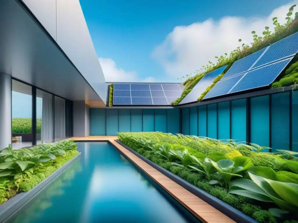 Un edificio ecoamigable con diseño sostenible enfriamiento pasivo, rodeado de vegetación y agua, bajo un cielo azul vibrante