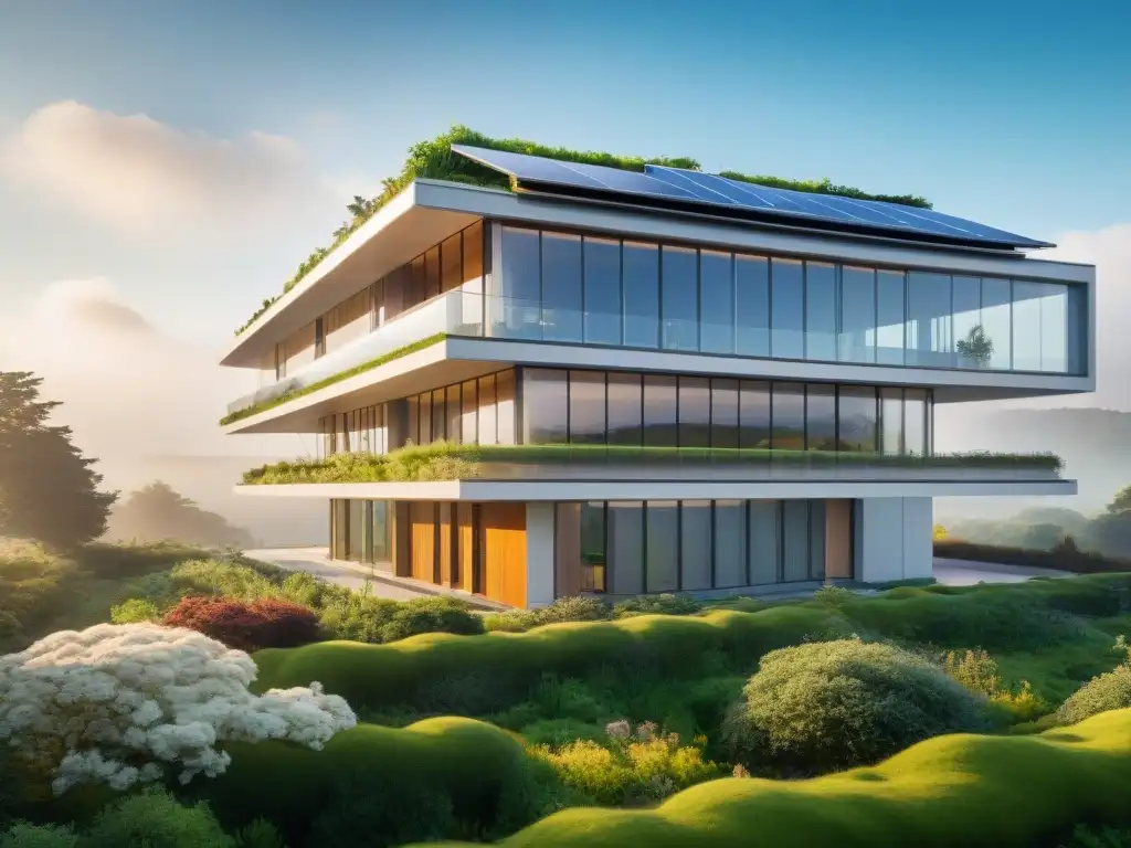 Edificio ecoamigable fusionado con la naturaleza, simbolizando soluciones arquitectónicas cambio climático