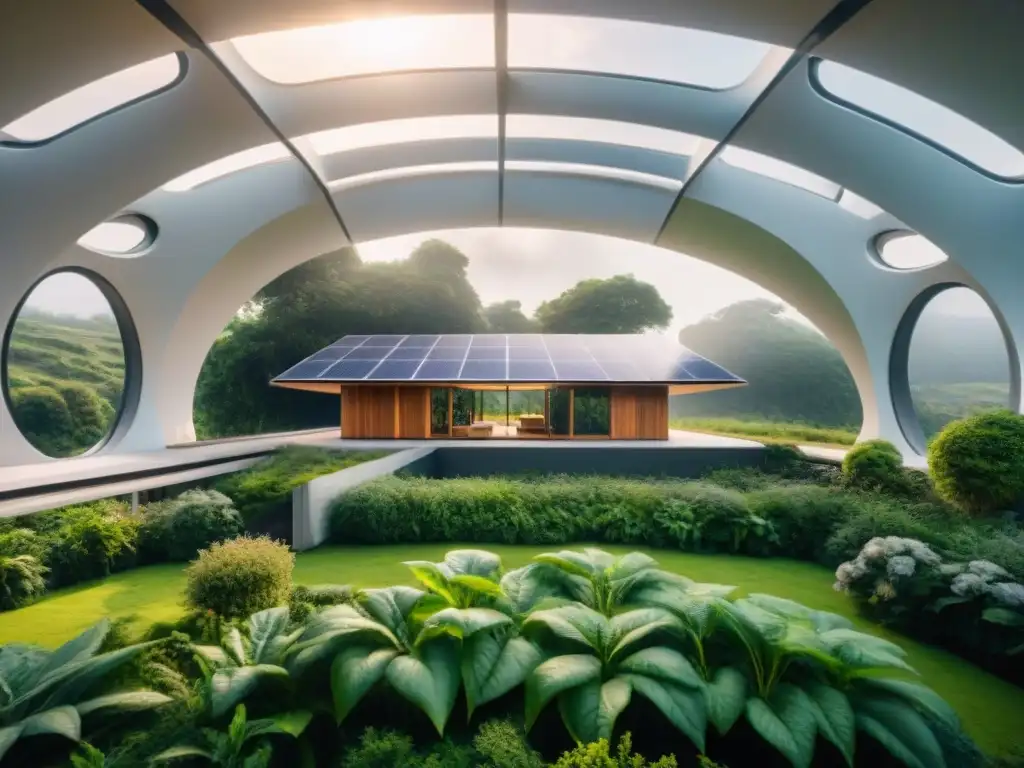 Un edificio ecoamigable futurista integrado con la naturaleza, equilibrio entre tecnología y ambiente