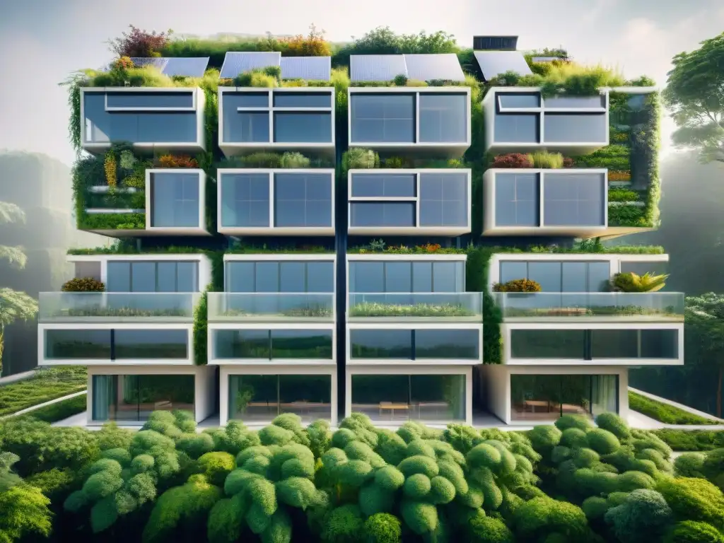 Edificio ecoamigable futurista rodeado de vegetación exuberante, con tecnologías avanzadas de arquitectura sostenible