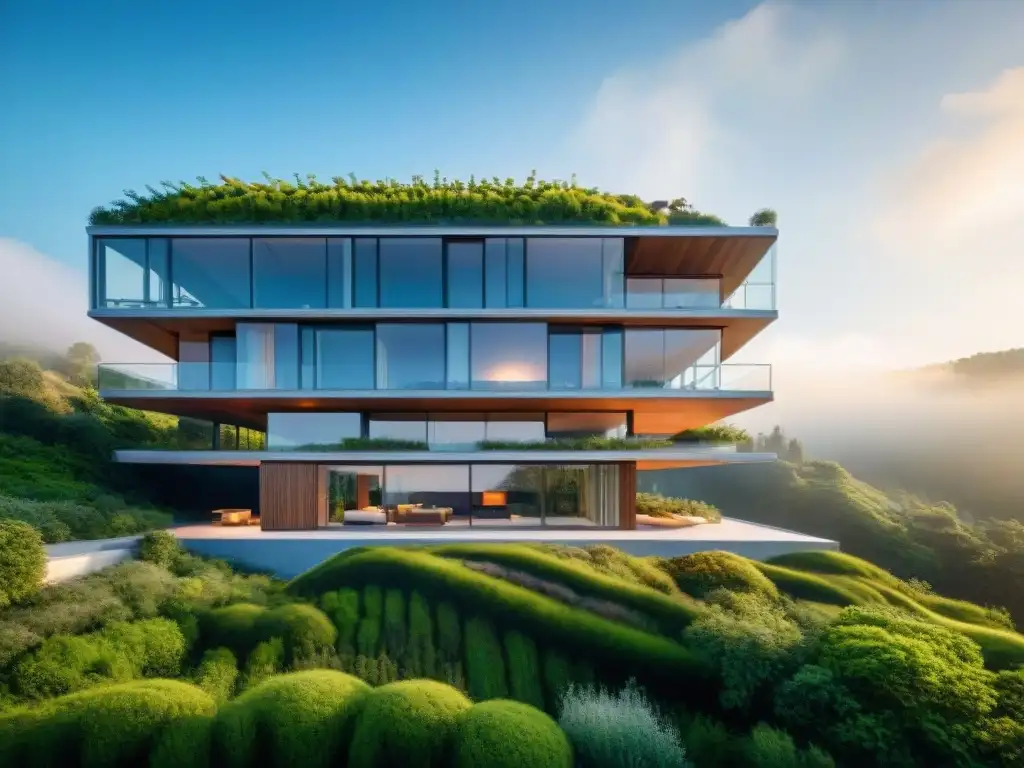 Un edificio ecoamigable integrado con la naturaleza, ventanales amplios, techos verdes y diseño innovador