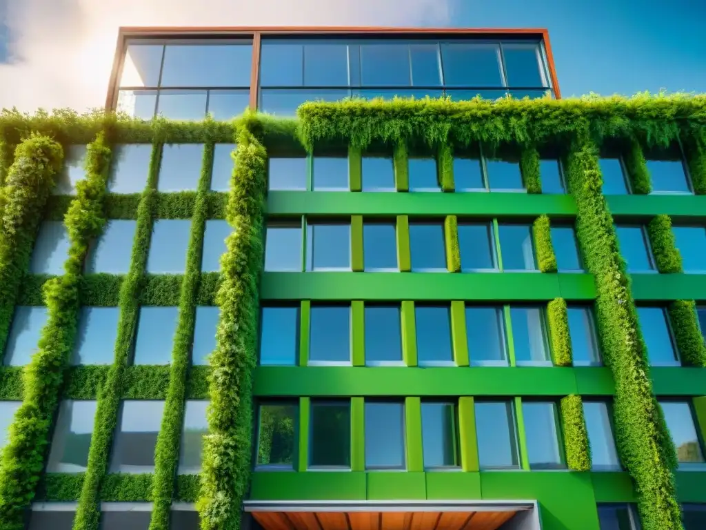 Un edificio ecoamigable moderno cubierto de pinturas ecológicas para arquitectura, rodeado de vegetación exuberante y bañado por la luz del sol