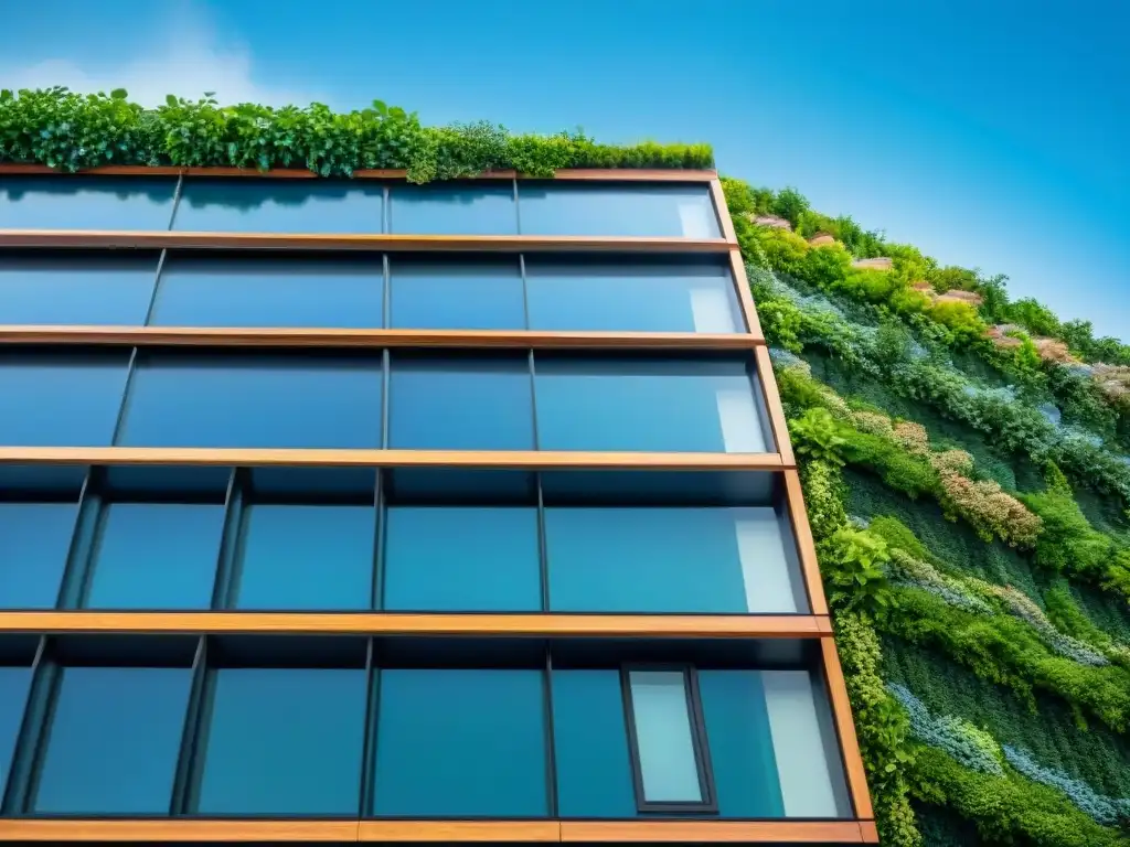 Edificio ecoamigable con muro verde, paneles solares y sistema de captación de agua de lluvia, resaltando sostenibilidad y diseño arquitectónico