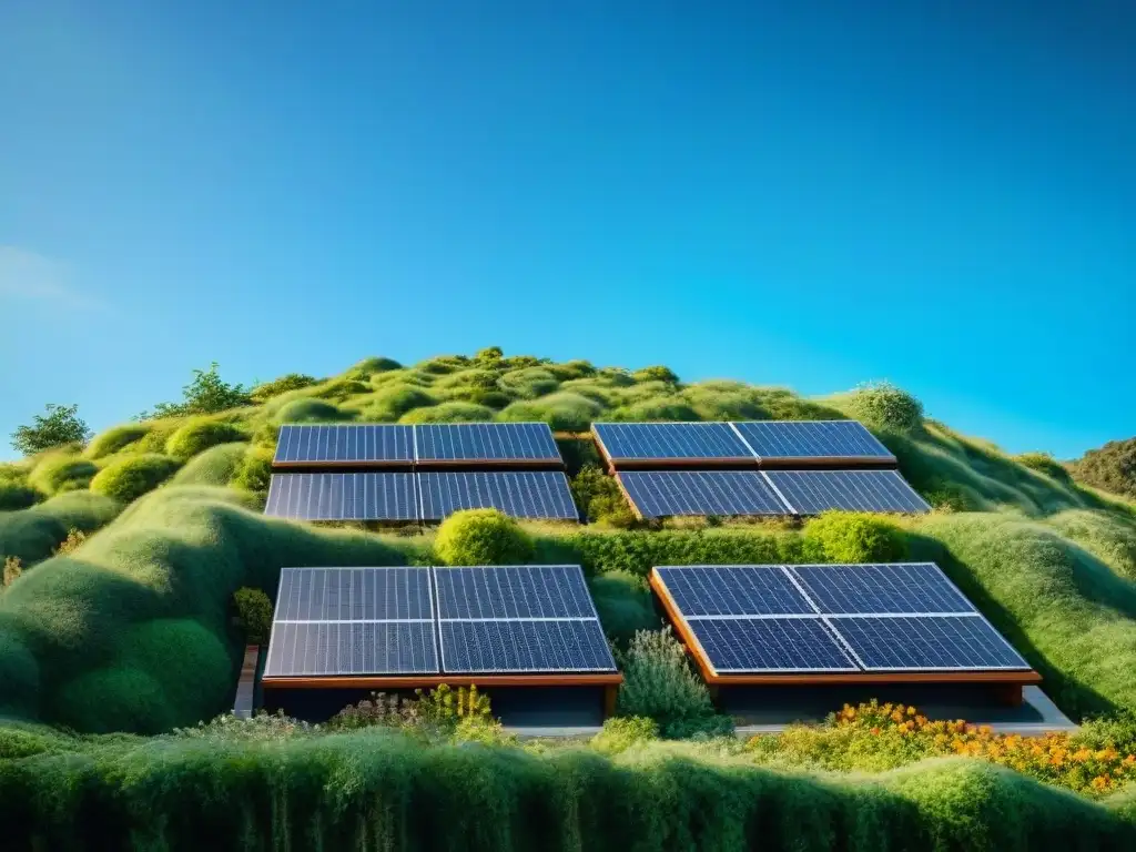 Edificio ecoamigable con paneles solares y certificaciones para arquitectura sostenible, rodeado de vegetación y cielo azul