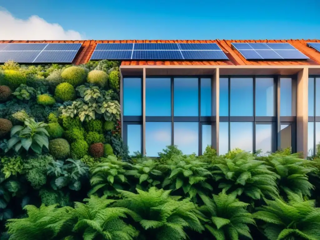 Edificio ecoamigable con paneles solares, pared verde y diseño sostenible