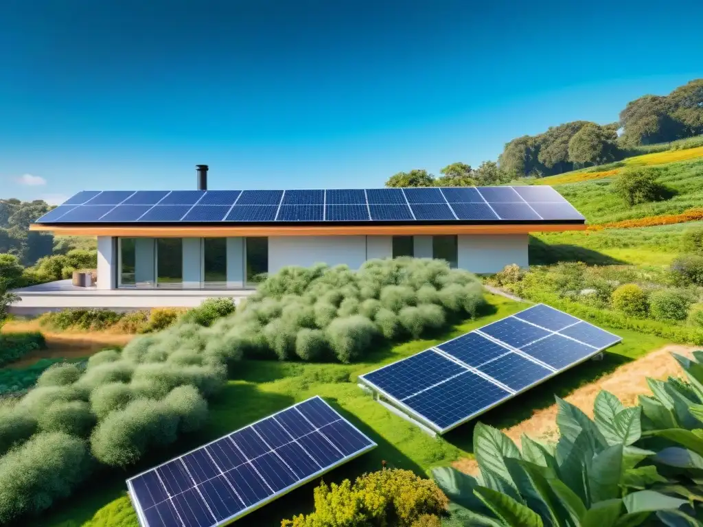 Edificio ecoamigable con paneles solares en el techo y sistemas calefacción refrigeración ecológicos, rodeado de vegetación exuberante y cielo azul