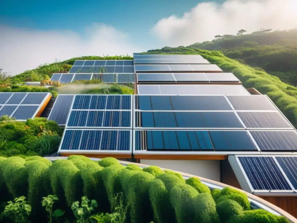 Edificio ecoamigable rodeado de vegetación, paneles solares brillantes y trabajadores colaborando en proyectos de construcción sostenibles