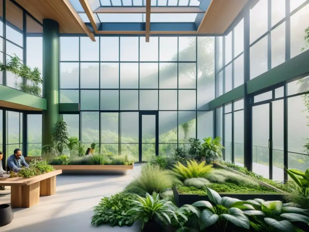 Un edificio ecoamigable con sistemas ventilación natural en arquitectura verde, lleno de plantas y gente en un taller sobre sostenibilidad