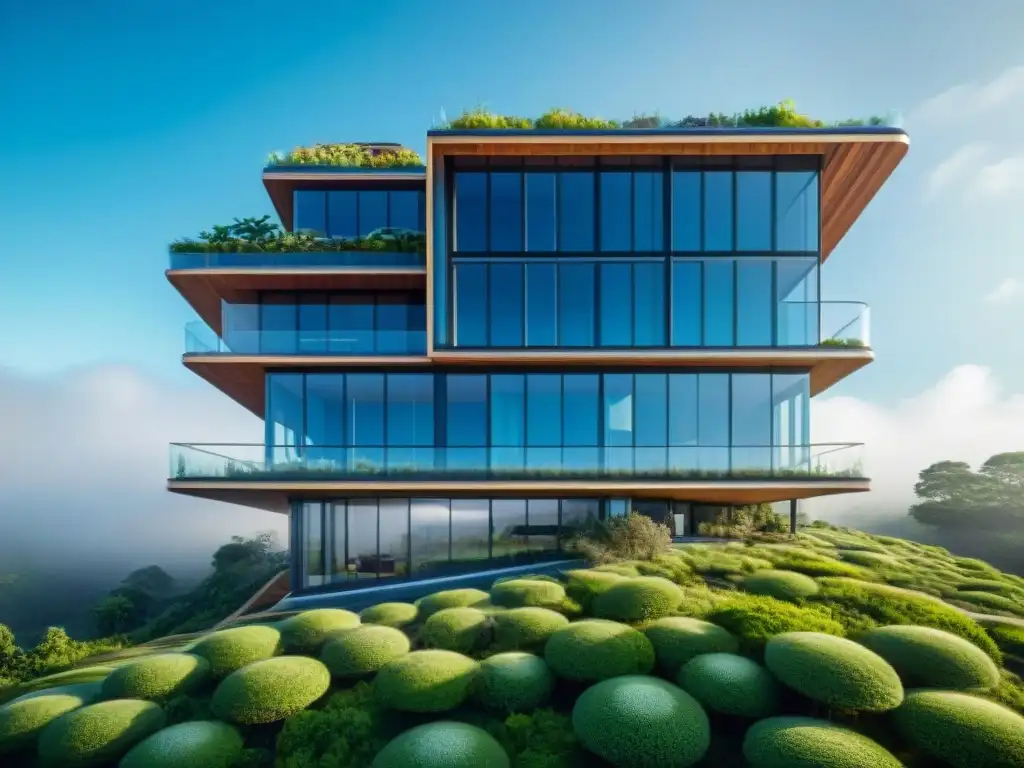 Edificio ecoamigable con tecnología avanzada rodeado de naturaleza exuberante y cielo azul claro