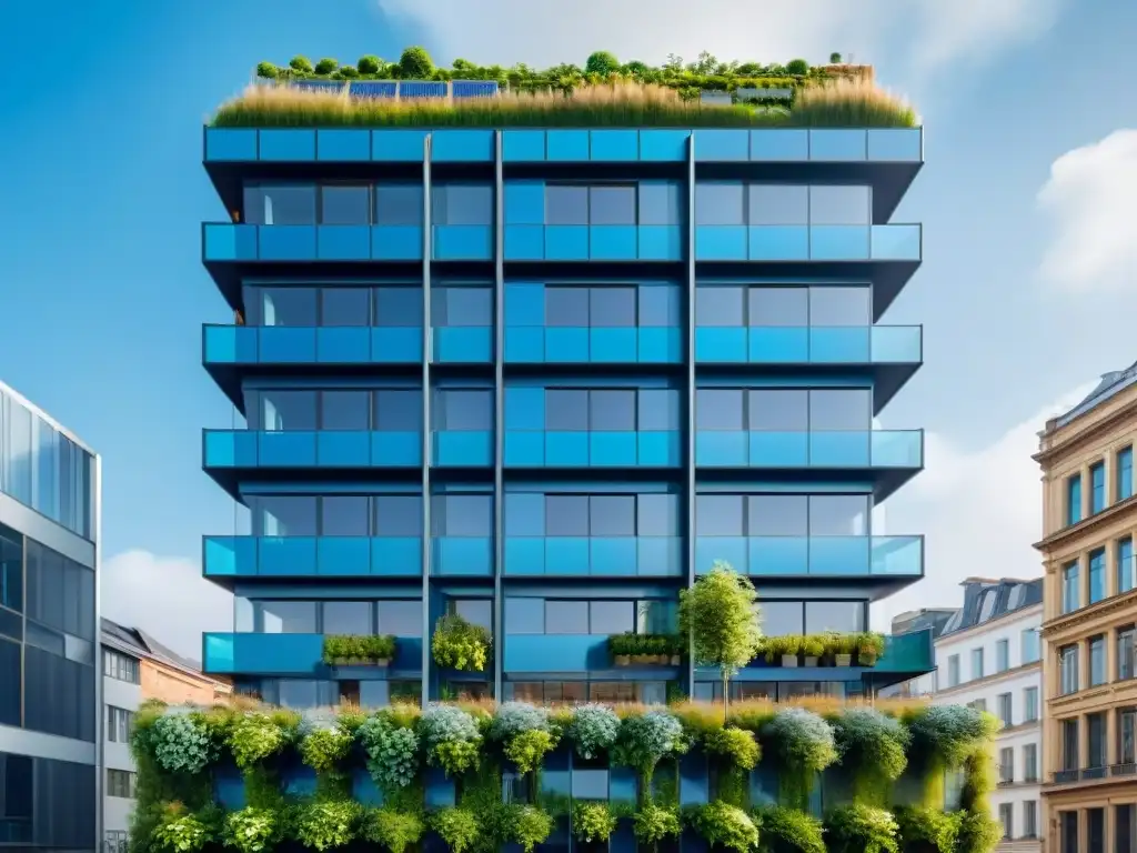 Un edificio ecoamigable con tecnología avanzada, cubierto de paneles solares y un jardín vertical, con turbinas eólicas en el techo