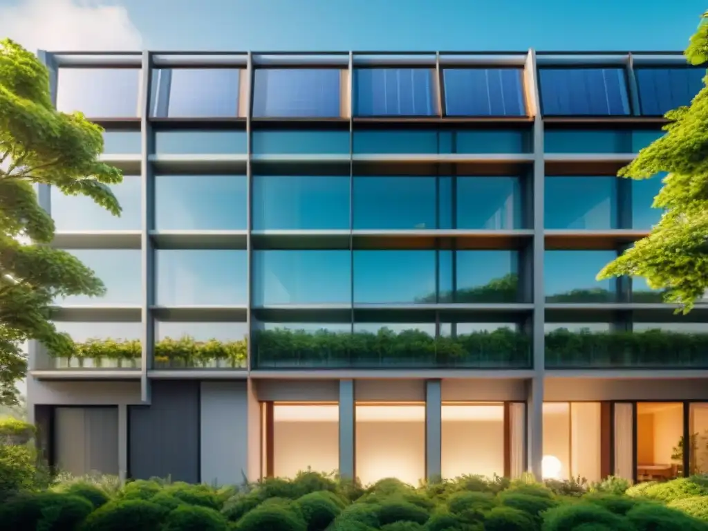 Un edificio ecoamigable de vidrio reciclado, rodeado de vegetación y paneles solares en el techo