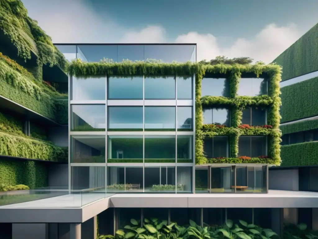 Edificio ecoeficiente con IA: arquitectura sustentable futurista, integrando paneles solares y naturaleza