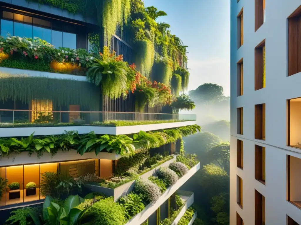 Un edificio ecológico con jardines colgantes vibrantes y variados, creando un contraste hermoso