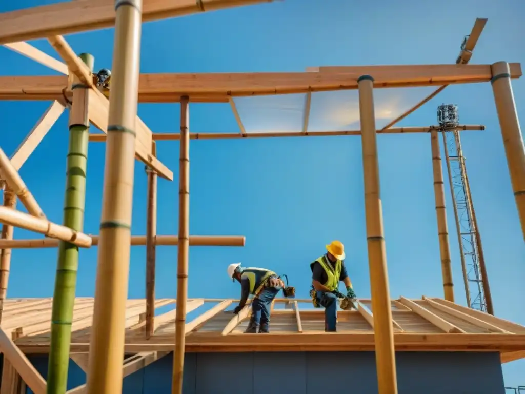 Edificio ecológico en construcción con materiales sostenibles y obreros