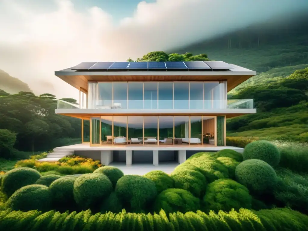 Un edificio ecológico con diseño intrincado, rodeado de vegetación y paneles solares, simbolizando innovaciones arquitectura sostenible mundo