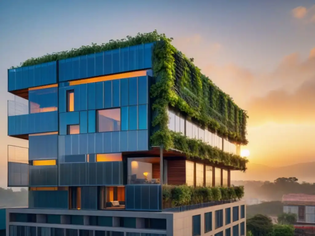 Edificio ecológico con electrónica reciclada en construcción sostenible, fusionando tecnología y naturaleza al atardecer