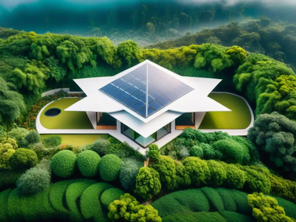 Edificio ecológico futurista de materiales reciclados Edificio ecológico futurista de materiales reciclados rodeado de vegetación, paneles solares y sistemas de ahorro de agua