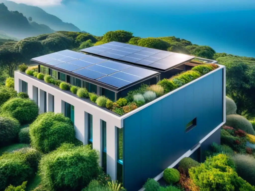 Un edificio ecológico con paneles solares, vegetación exuberante y certificaciones sostenibles en arquitectura y diseño