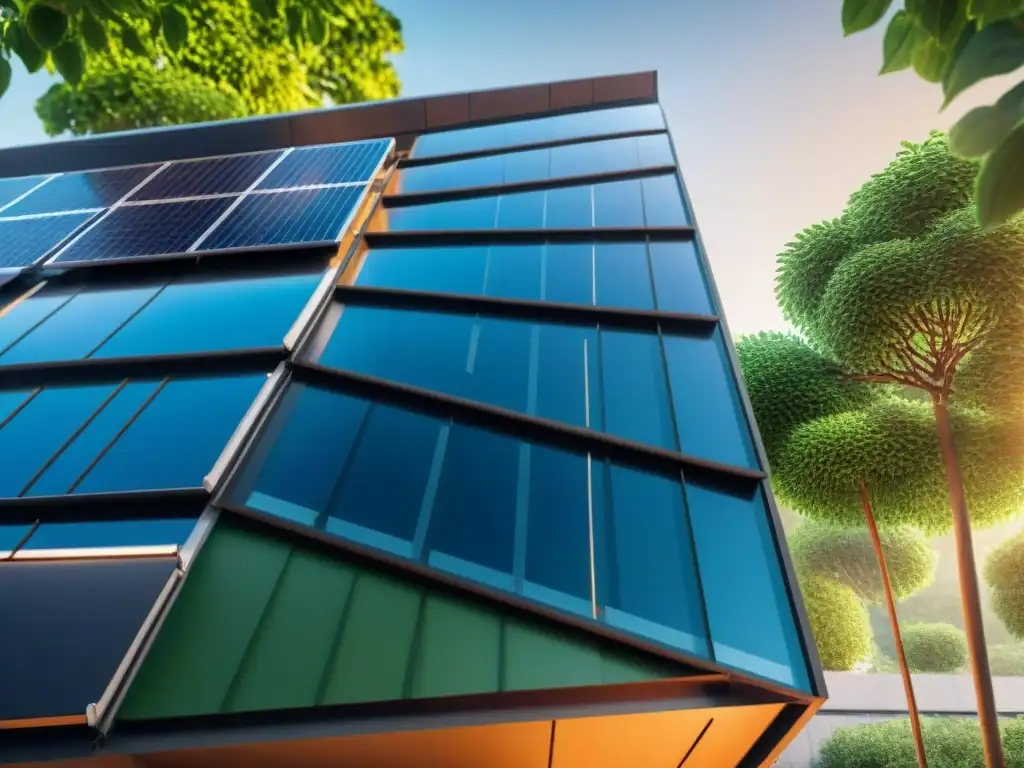 Edificio ecológico con paneles solares y sombra natural de árboles, ilustrando eficiencia en sistema de refrigeración ecológico