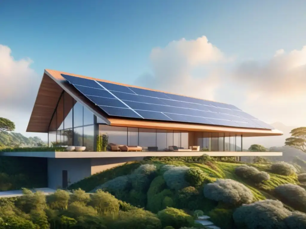 Edificio ecológico con IA y paneles solares, rodeado de naturaleza