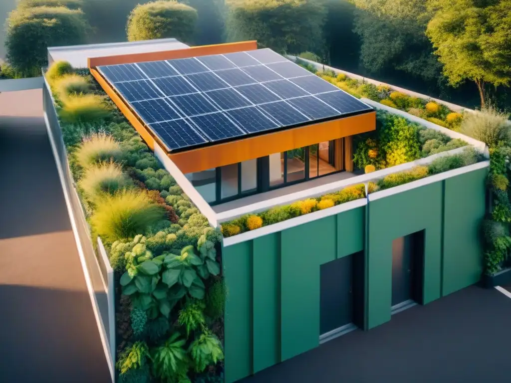 Edificio ecológico con paneles solares, muros verdes y sistema de recolección de agua