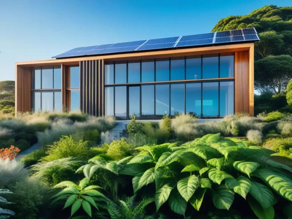 Edificio ecológico rodeado de vegetación, paneles solares, luz natural y muro verde