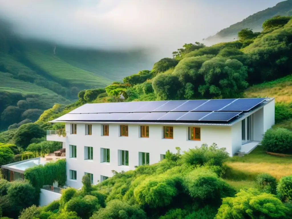 Edificio ecológico rodeado de vegetación, con paneles solares y grandes ventanales