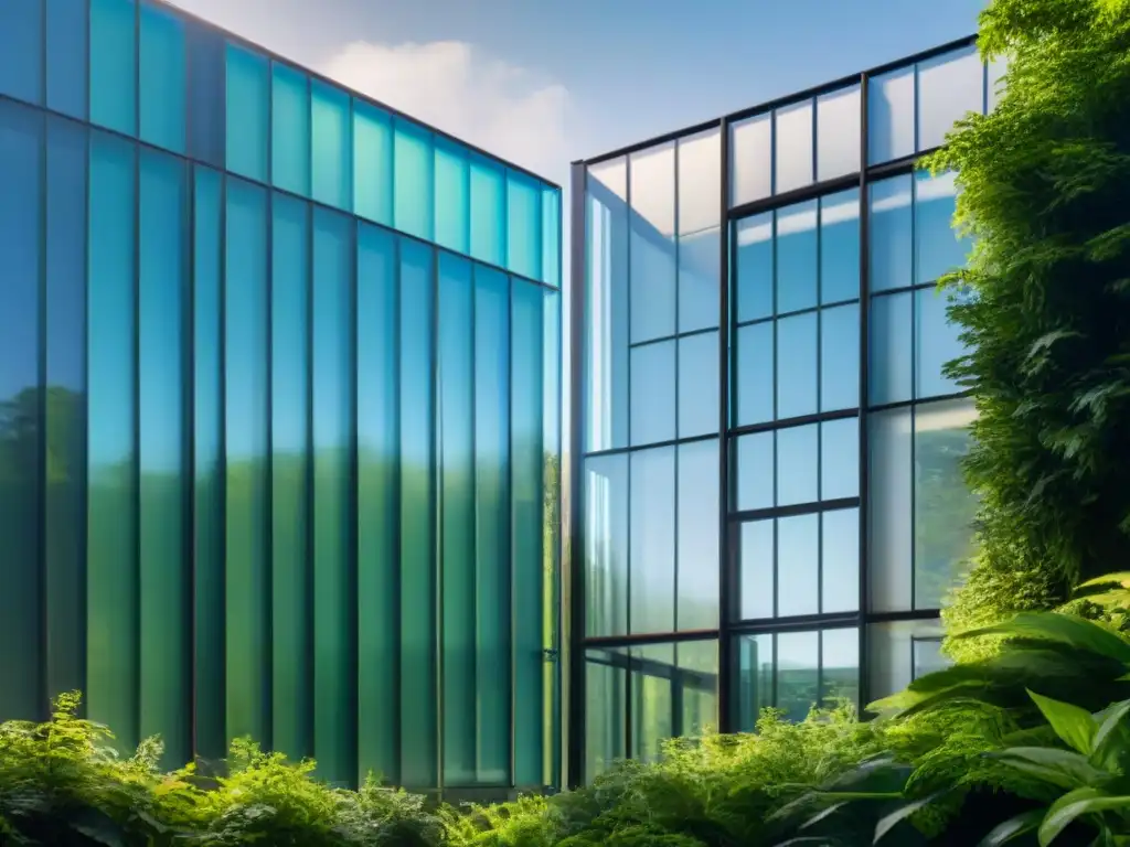 Edificio ecológico: luces y sombras en vidrio reciclado Edificio ecológico de vidrio reciclado refleja la luz del sol, en armonía con la naturaleza