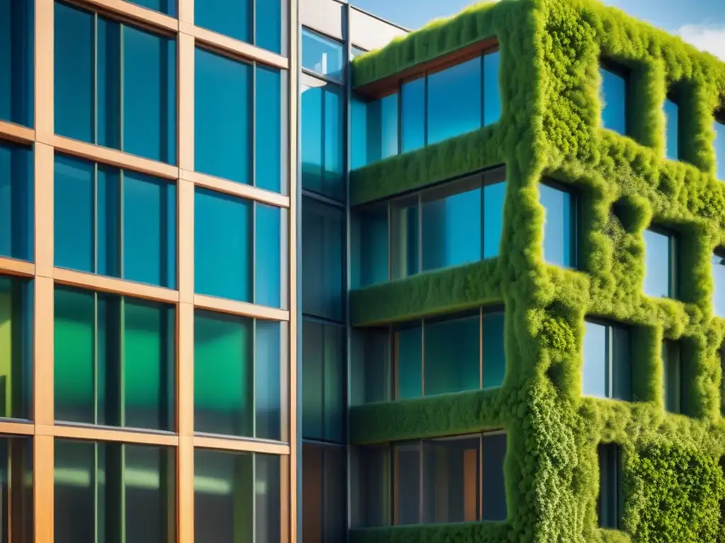 Edificio ecosostenible con microalgas: Arquitectura moderna cubierta de verde vida, capturando luz y sombras