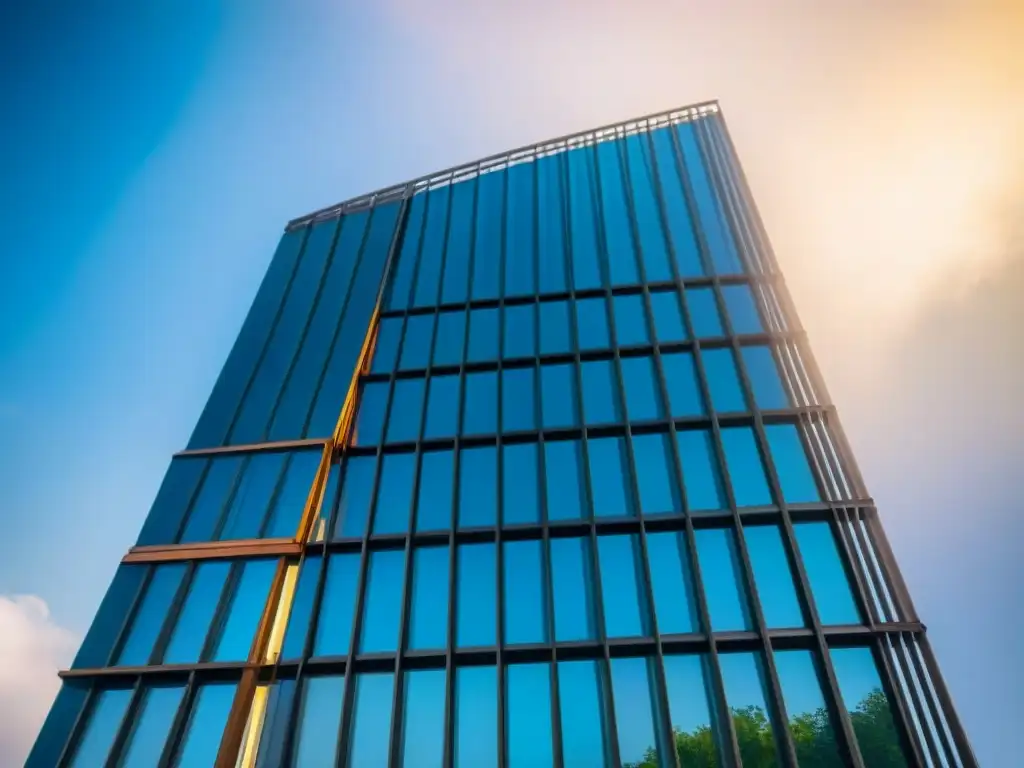 Edificio elegante de metales reciclados, detalle meticuloso bajo el sol