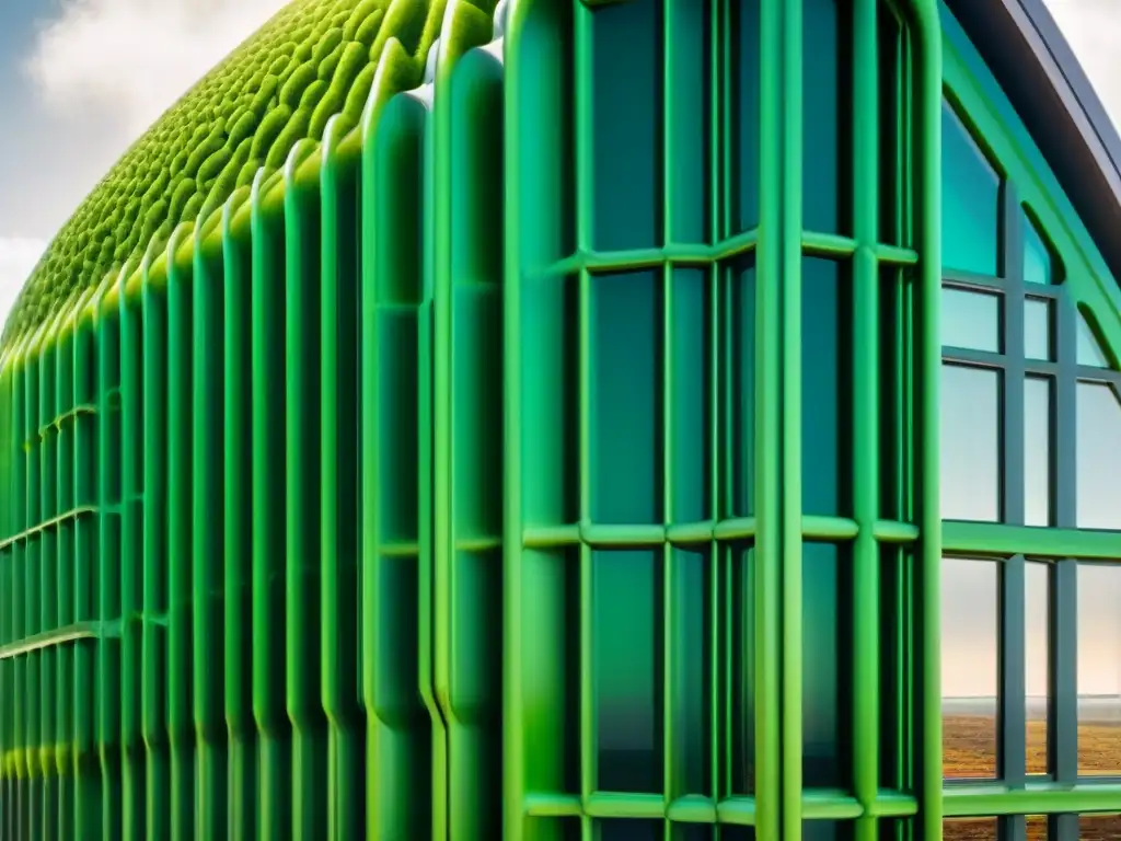 Edificio futurista cubierto de microalgas verdes, simbiosis con la construcción sostenible