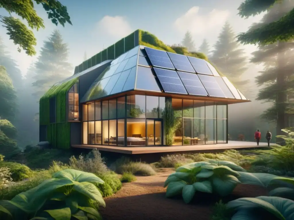 Un edificio futurista ecoamigable en un bosque verde, con paneles solares y techos verdes