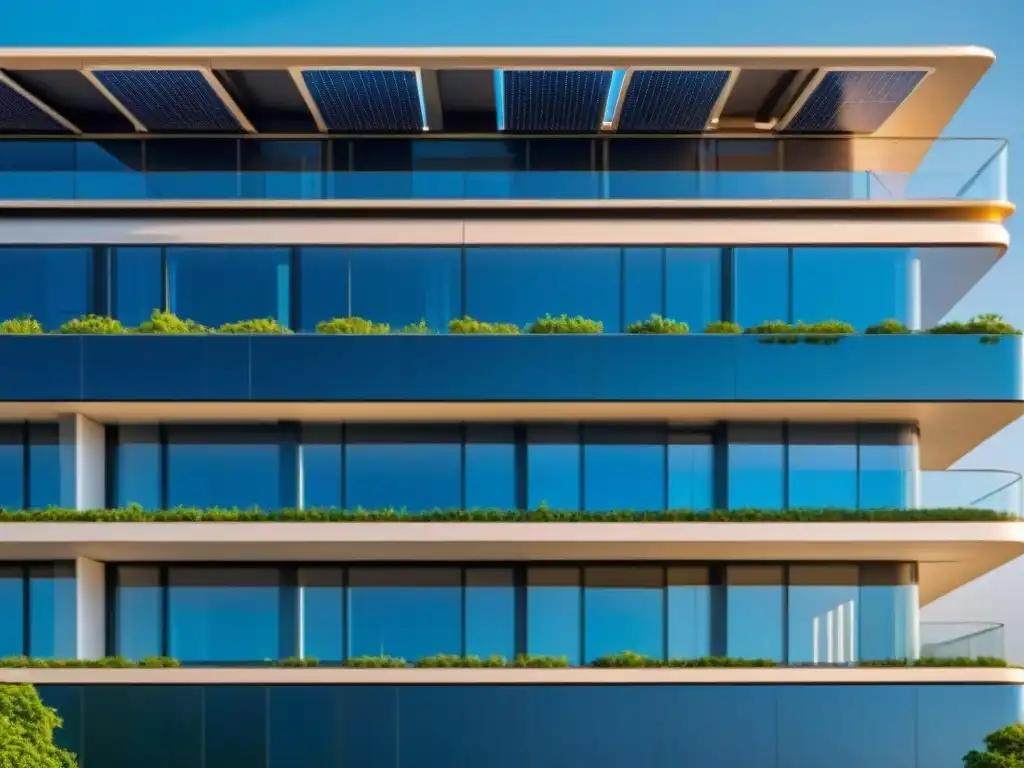 Edificio futurista ecoamigable con paneles solares y vegetación, fusionando con el entorno natural