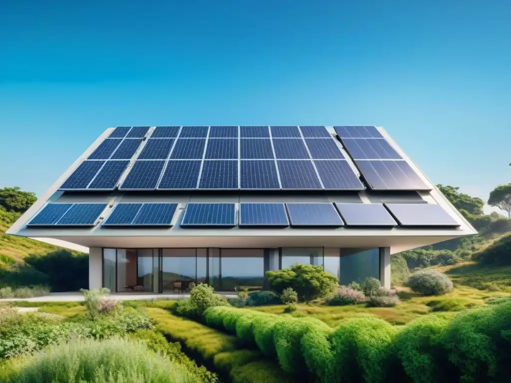 Un edificio futurista ecoamigable rodeado de vegetación exuberante y paneles solares brillantes bajo el sol, con un cielo azul claro de fondo