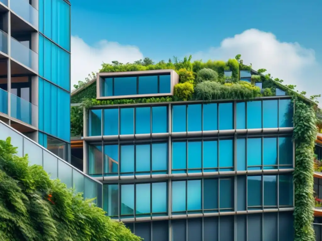 Un edificio futurista y ecológico de materiales sostenibles, con detalles como paneles solares y vegetación