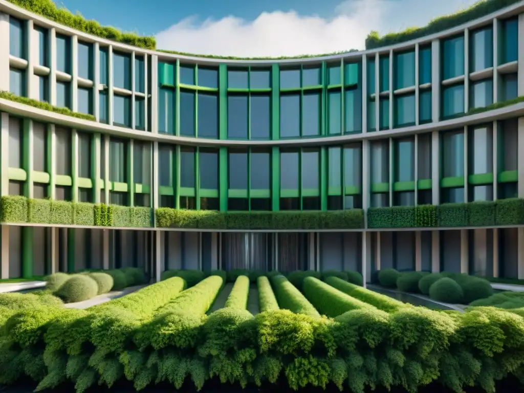 Edificio futurista con fachadas de microalgas verdes, resaltando la armonía entre naturaleza y arquitectura