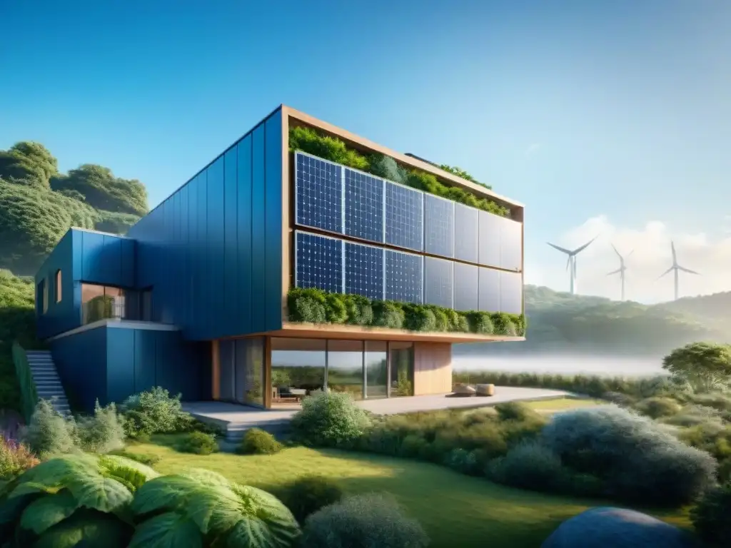 Edificio futurista Net Zero Energy rodeado de vegetación, con paneles solares, turbinas eólicas y sistema de recolección de agua de lluvia