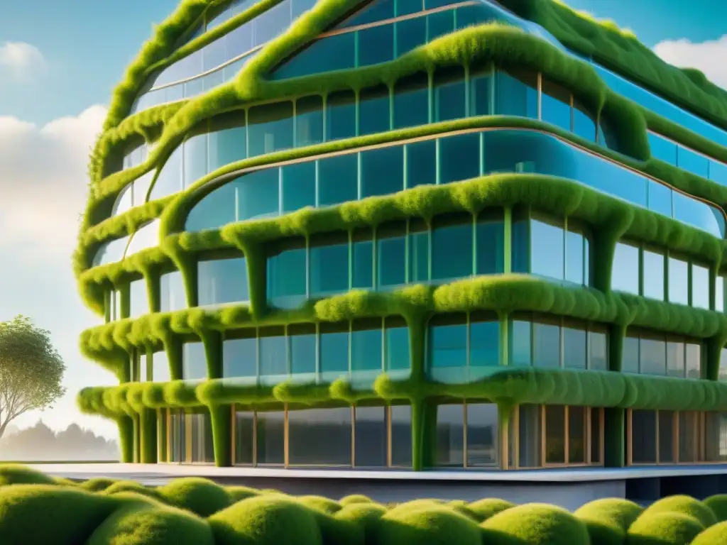 Edificio futurista sostenible cubierto de microalgas verdes, integrando vida y color