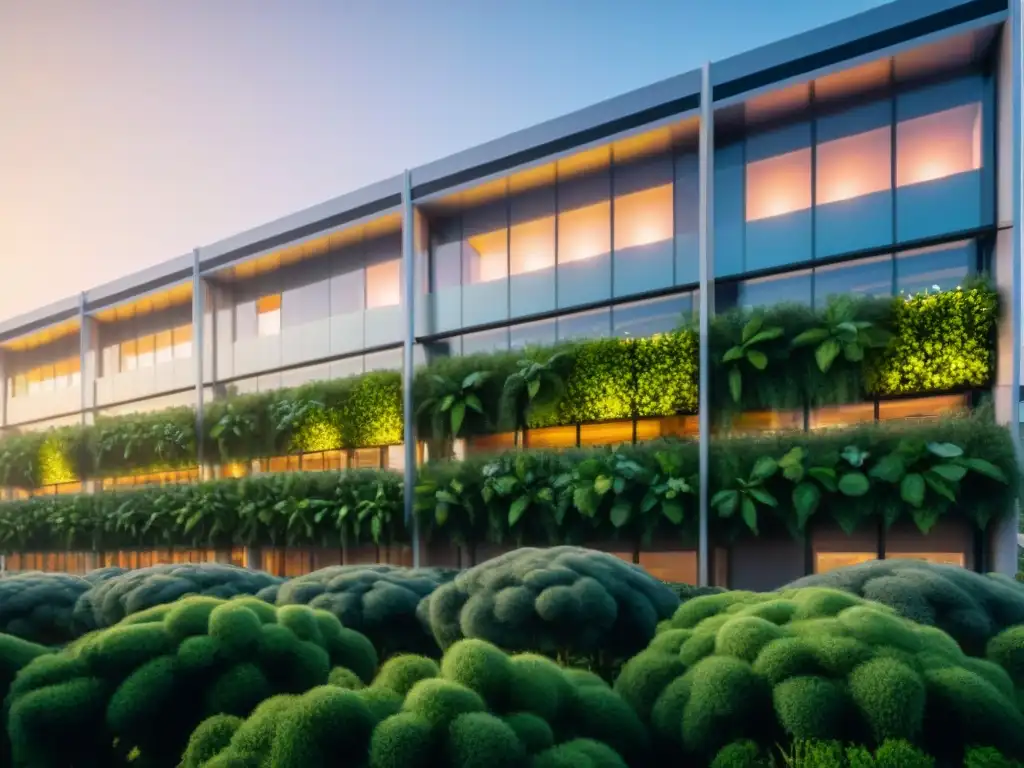 Edificio futurista sostenible con innovaciones IA ahorro energético, integrando naturaleza y tecnología al anochecer