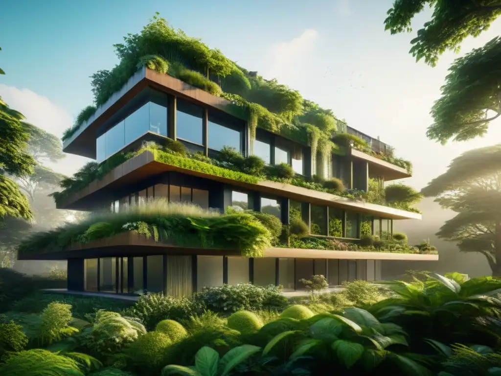 Un edificio futurista sostenible, integrado con exuberante vegetación y diseño biofílico para arquitectura sostenible