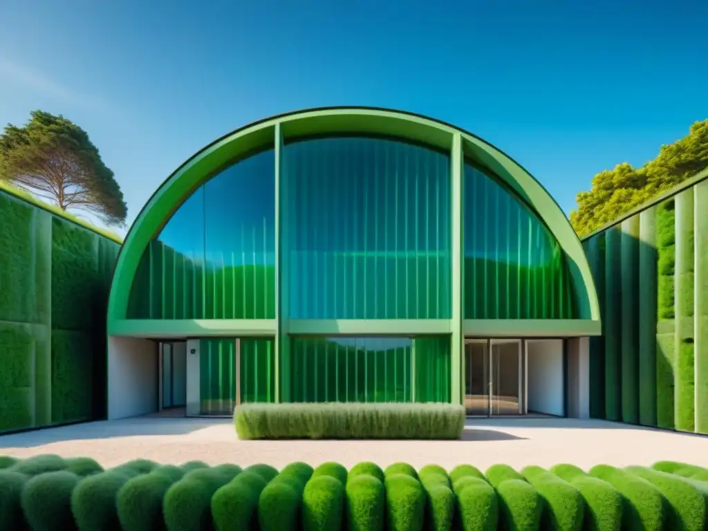 Edificio futurista sostenible con paneles de microalgas verdes, recolectando biofuel, entre naturaleza