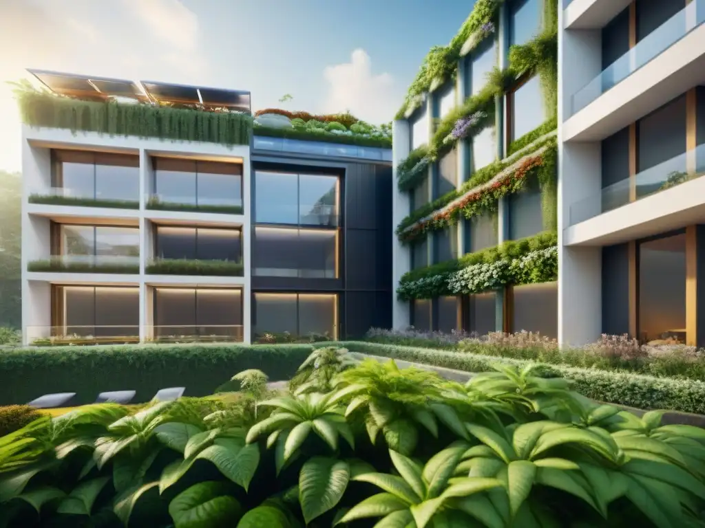 Un edificio futurista sostenible rodeado de vegetación, con paneles solares integrados, refleja la armonía entre tecnología y conservación ambiental