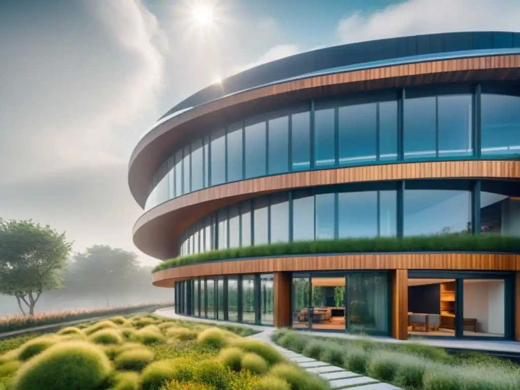 Un edificio futurista sostenible con tecnologías verdes innovadoras y diseño moderno, integrando el modelo económico circular construcción sostenible