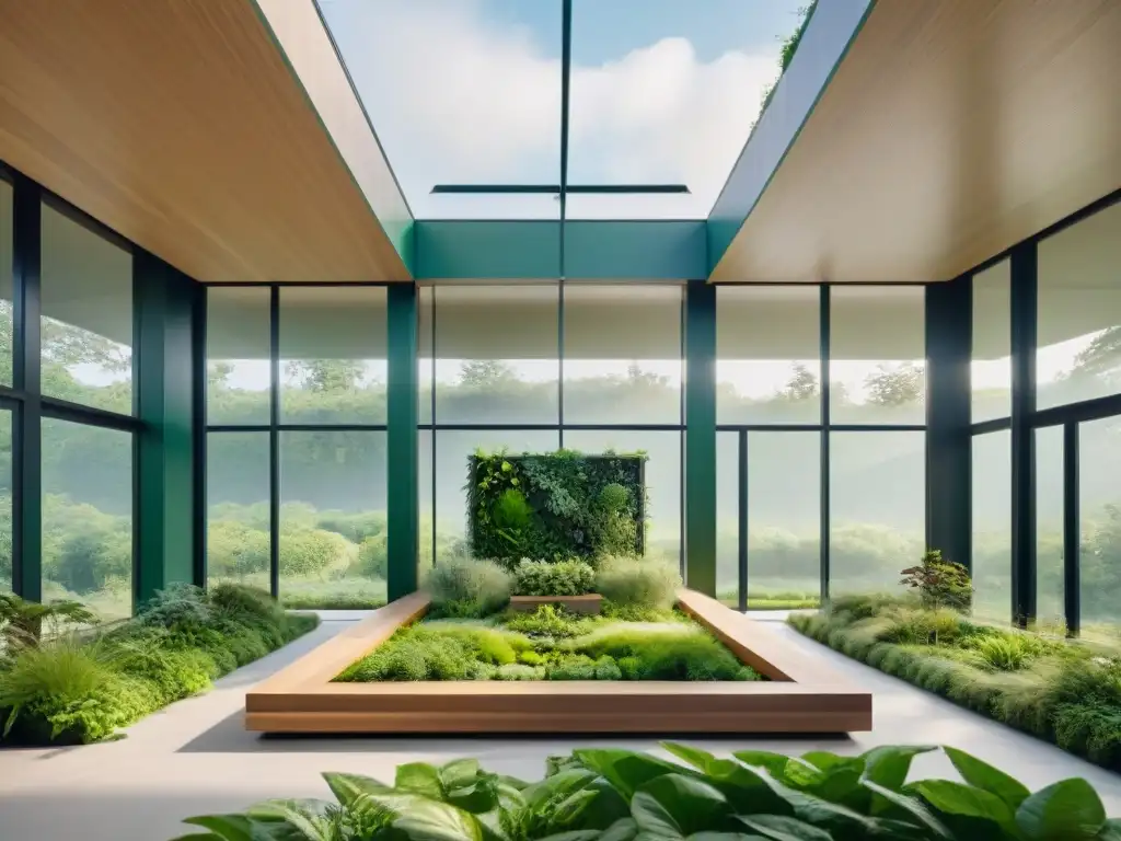 Edificio moderno con arquitectura verde para salud mental, integrado con la naturaleza y personas practicando bienestar