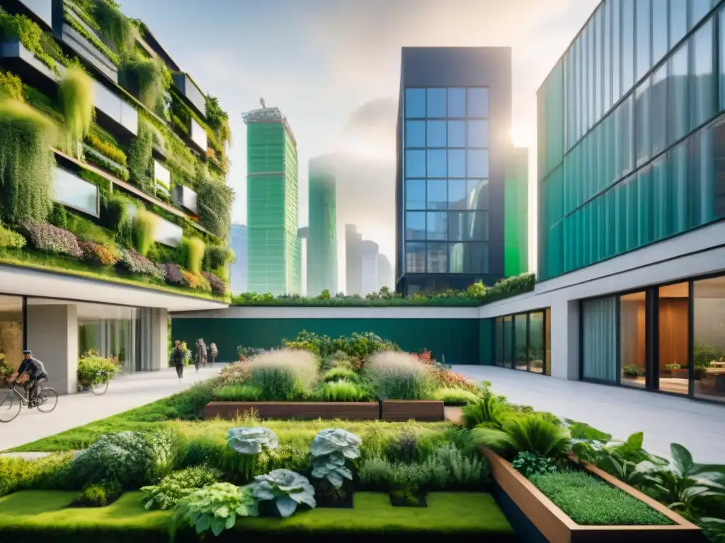 Un edificio moderno con arquitectura verde sostenible ejemplos, rodeado de naturaleza y ciudad activa